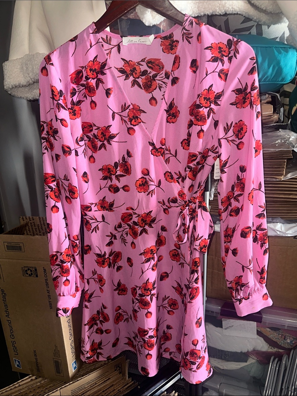 All in Favor Pink Wrap Dress with Red Floral Print